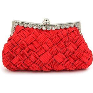 Elegant Braided Pleated Glitter Rhinestone Clutch Red